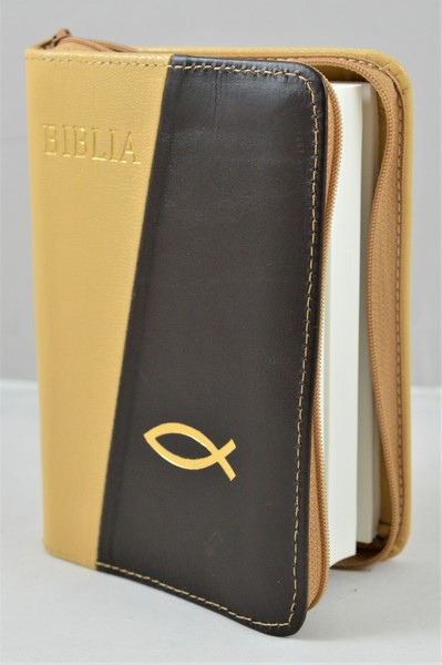 Biblie din piele, mica, crem/maro inchis, fermoar, margini albe, simbolul peste, cuv. lui Isus in rosu [043 PF]