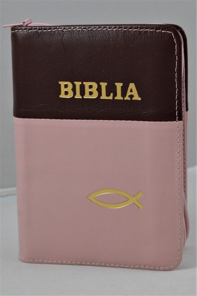 Biblie din piele, mica, purpuriu/roz pal, fermoar, margini albe, simbolul peste, cuv. lui Isus in rosu [043 PF]