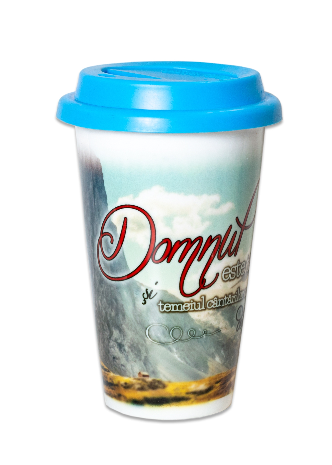 Cană cu capac de silicon albastru - Domnul este taria mea (Exod 15,2) Cană cu capac de silicon albastru - Domnul este taria mea (Exod 15,2)