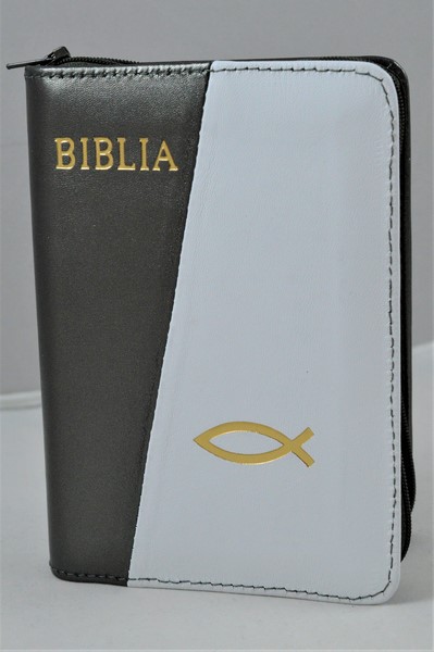 Biblie din piele, mica, gri metalizat/alb, fermoar, margini albe, simbolul peste, cuv. lui Isus in rosu [043 PF]