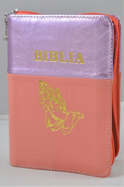 Biblie din piele, mica, lila sidefat/coral, fermoar, margini albe, simbolul maini in ruga, cuv. lui Isus in rosu [043 PF]