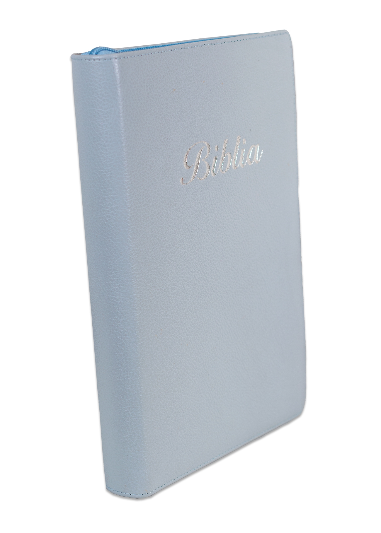 Biblie mare, piele, culoare albastra , fermoar, index, margini argintii , cuv. Isus cu rosu + inel pentru pix [MAR 073 PFI]