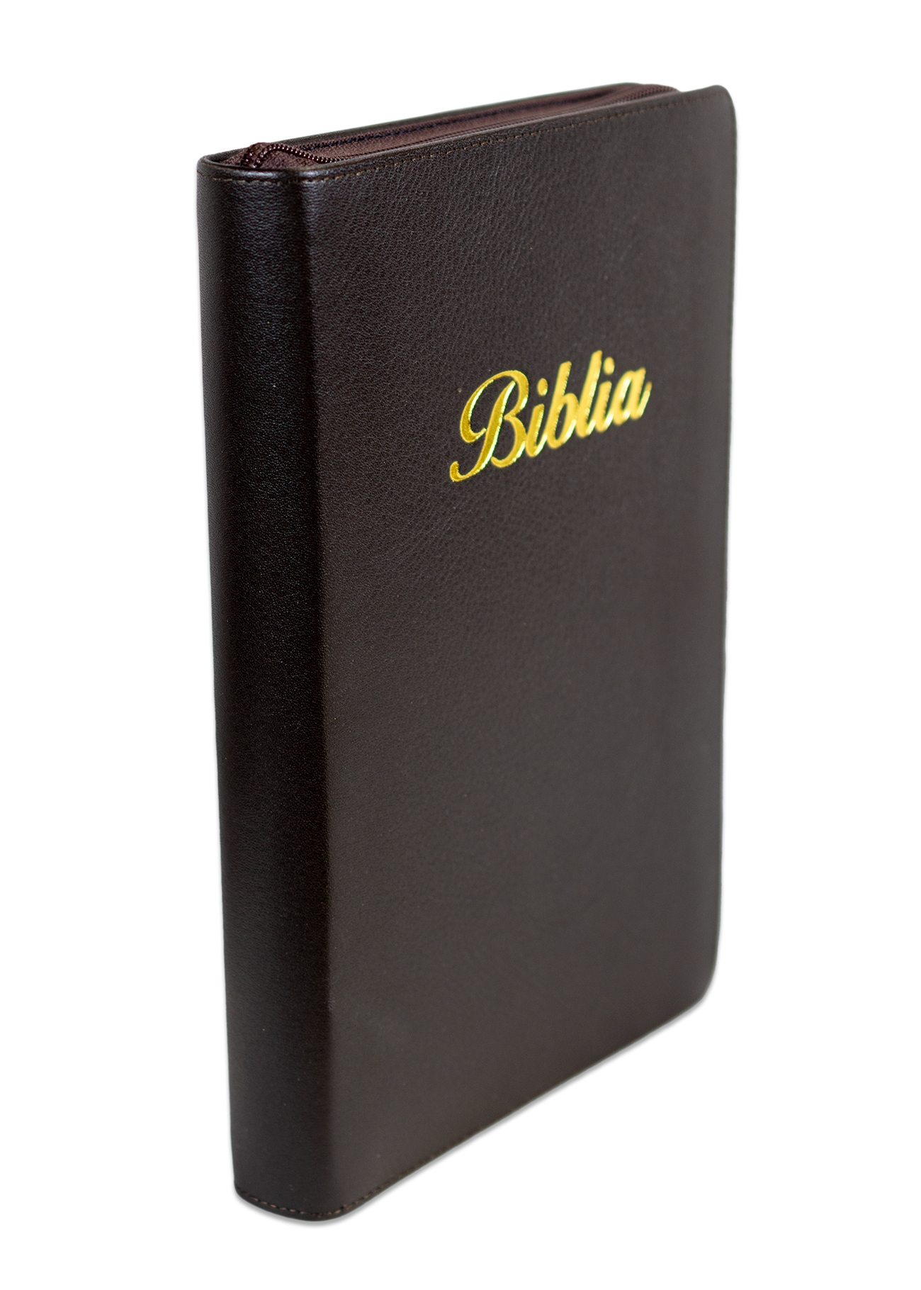 Biblie mare, piele, culoare maro , fermoar, index, margini argintii, cuv. Isus cu rosu + inel pentru pix [MAR 073 PFI]