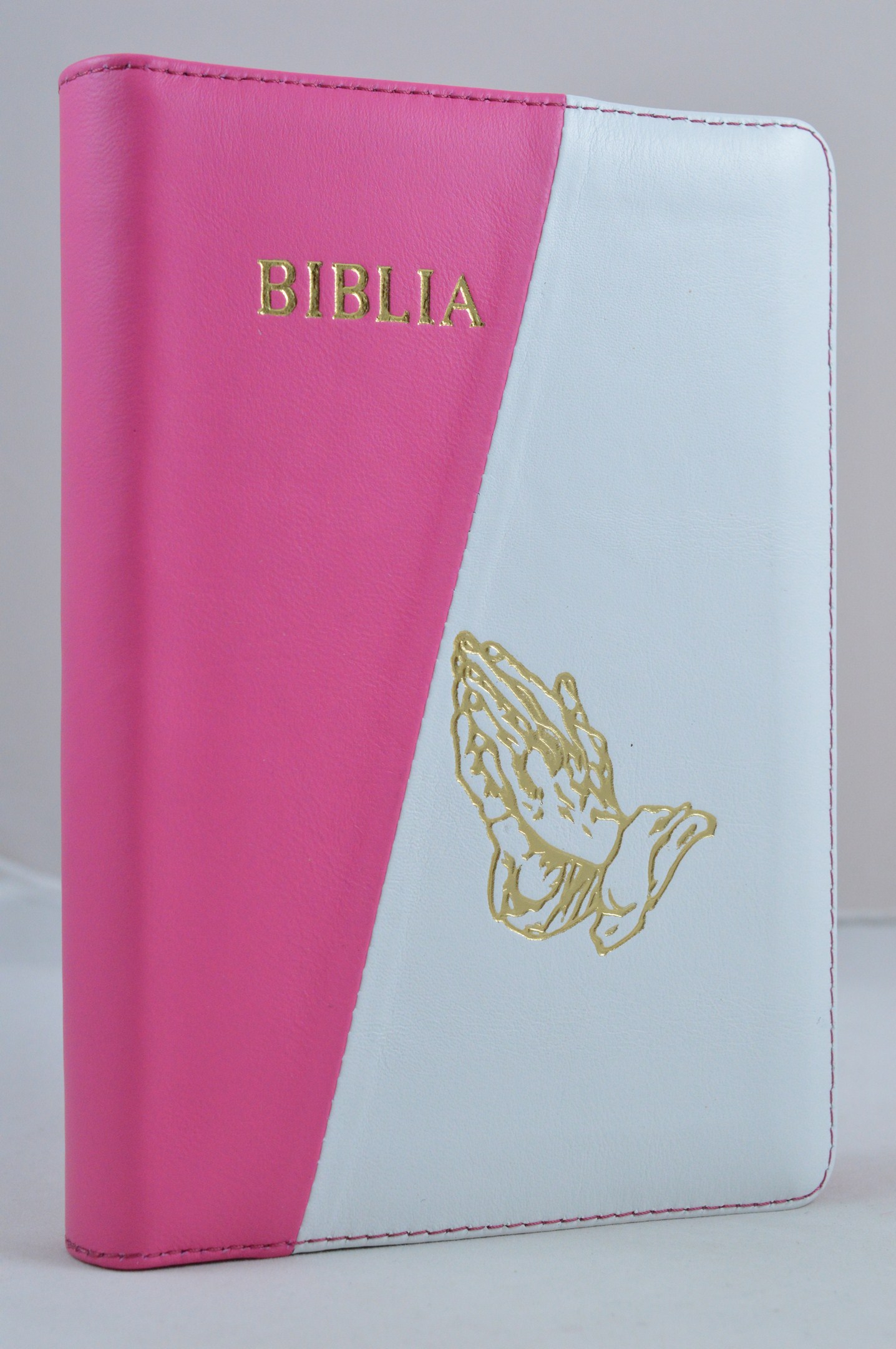 Biblia din piele, medie,roz-alb cu maini, fermoar, aurita, cuv. lui Isus cu rosu [052]