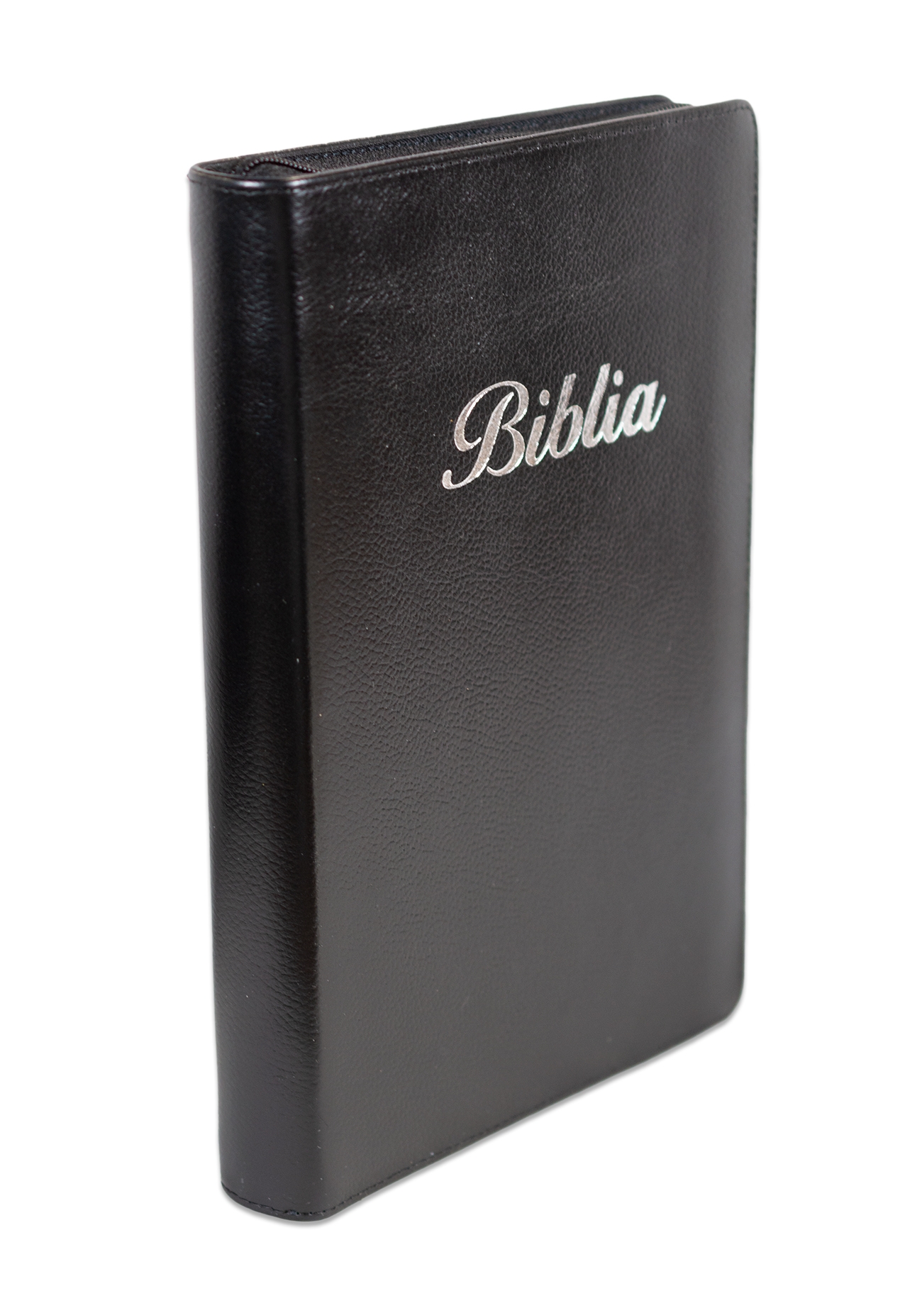 Biblie mare, piele, culoare neagra, fermoar, index, margini argintii, cuv. Isus cu rosu + inel pentru pix [MAR 073 PFI]