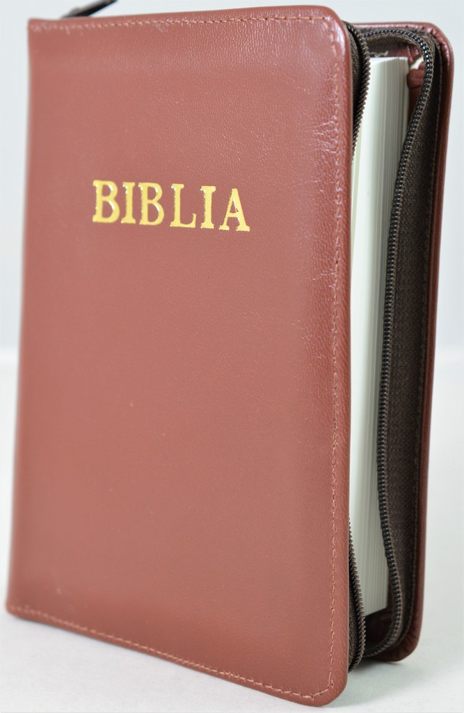 Biblie din piele, mica, nuanta maro, fermoar, margini albe, text negru [043 PF]