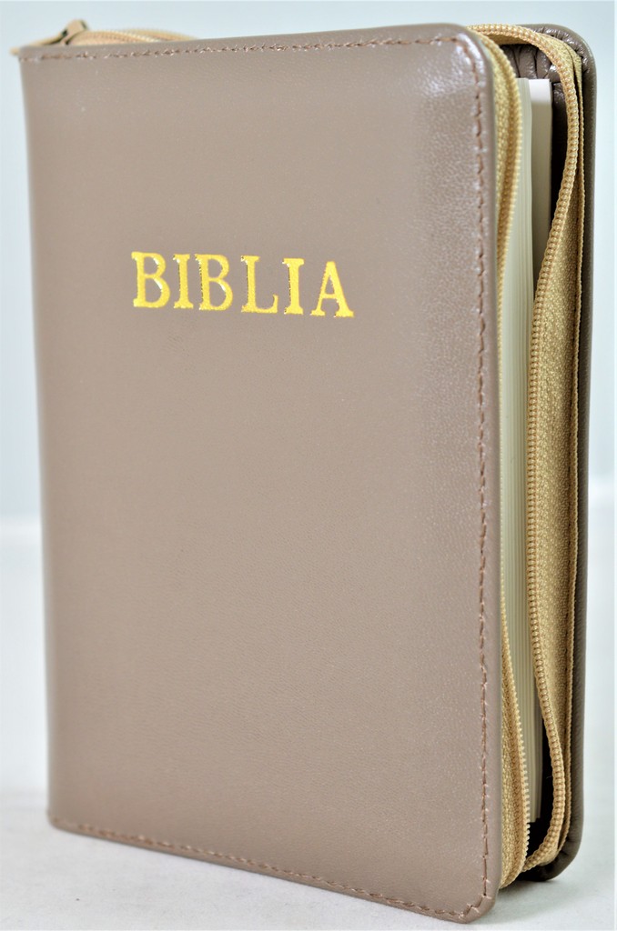 Biblie din piele, mica, nuanta kaki, fermoar, margini albe, cuv. lui Isus in rosu [043 PF]