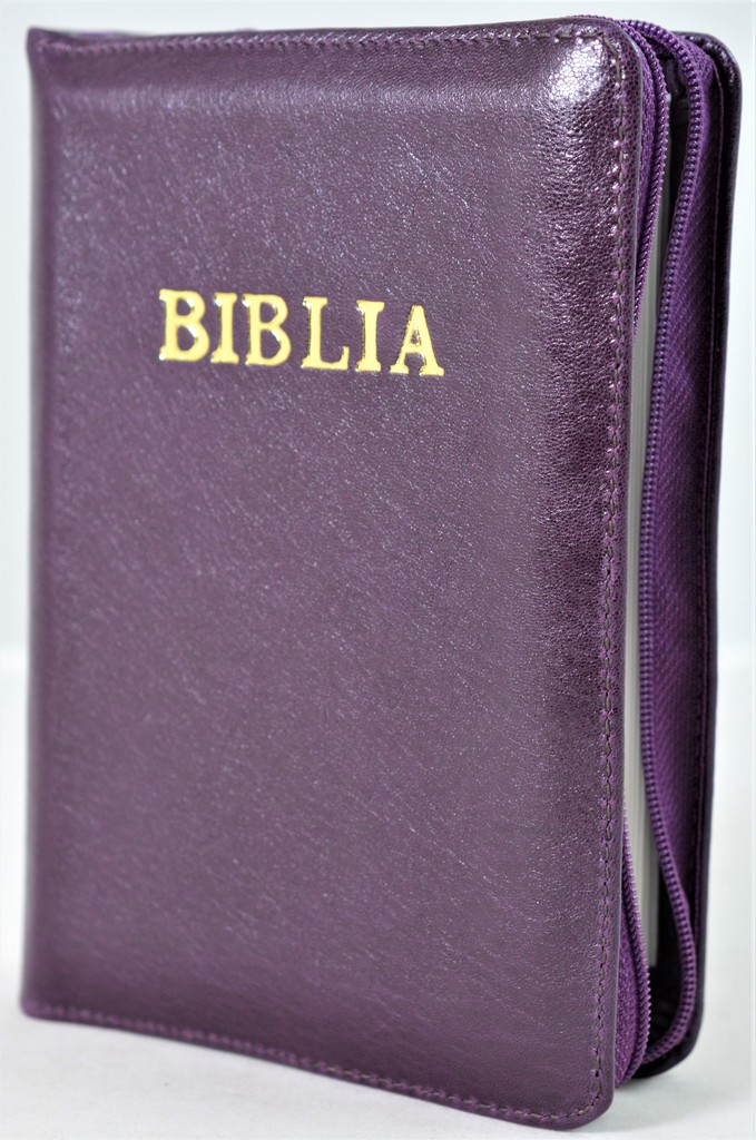 Biblie din piele, mica, mov inchis, fermoar, margini albe, cuv. lui Isus in rosu [043 PF]