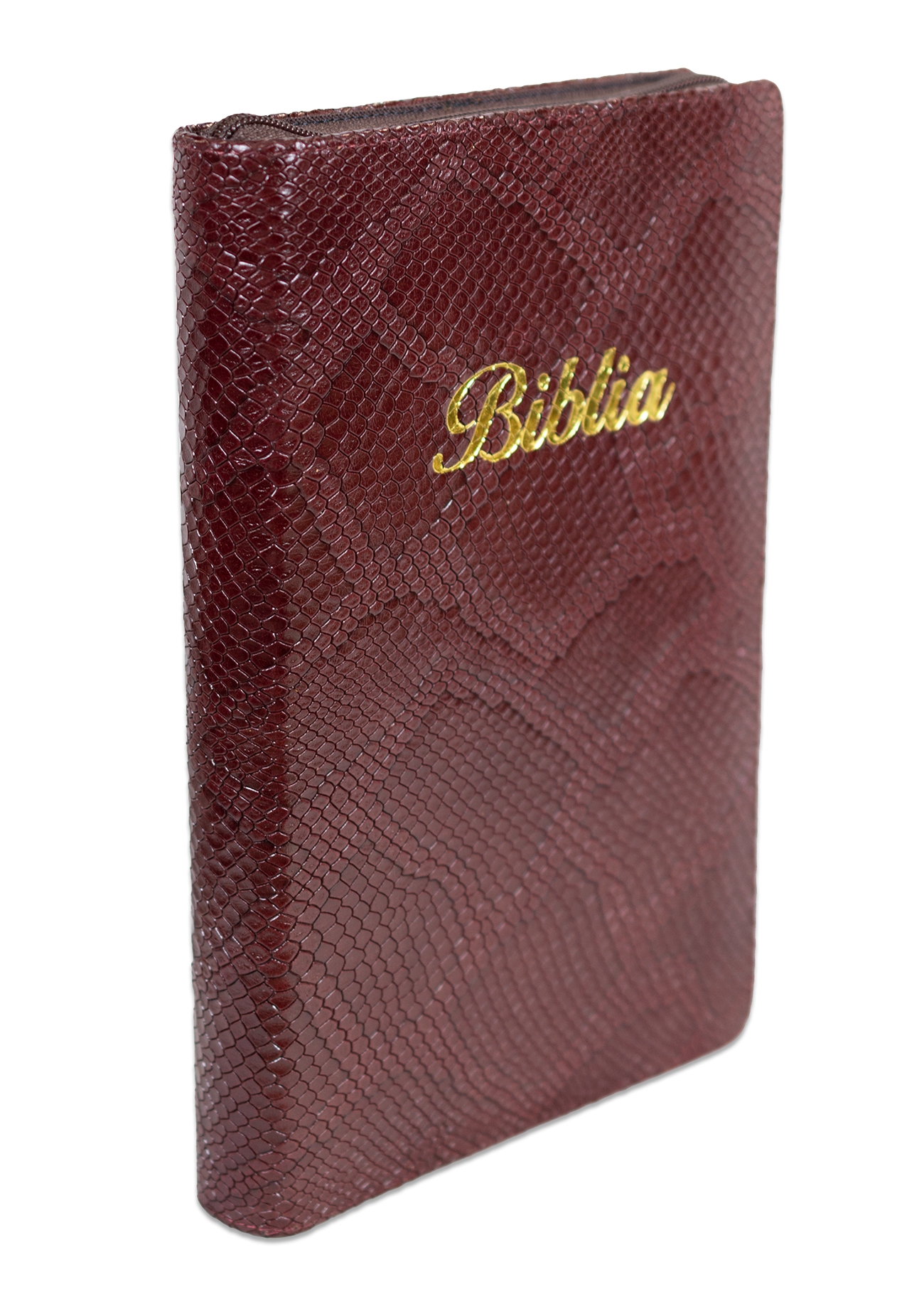 Biblie mare, piele, culoare visiniu texturat , fermoar, index, margini argintii, cuv. Isus cu rosu + inel pentru pix [MAR 073 PFI]