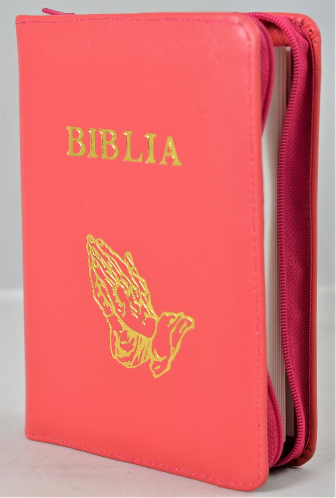 Biblie din piele, mica, roz coral, fermoar, margini albe, simbolul maini in ruga, cuv. lui Isus in rosu [043 PF]