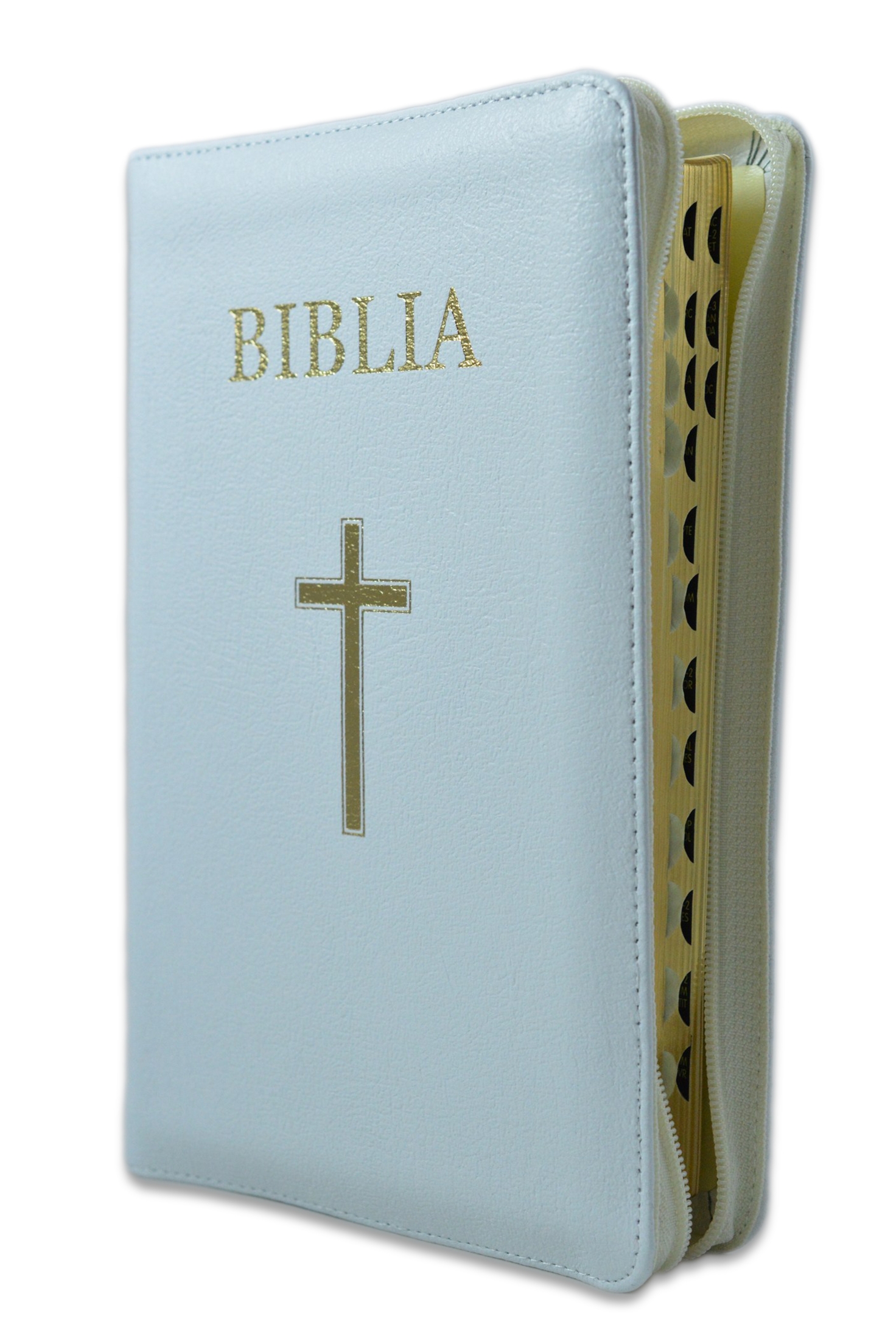 Biblie din piele alba, medie, cu fermoar, index, margini aurii, cu cruce [063 PFI]