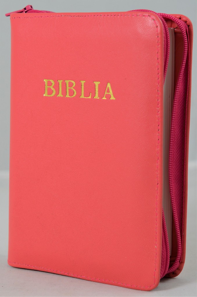 Biblie din piele, mica, roz coral, fermoar, margini albe, cuv. lui Isus in rosu [043 PF]