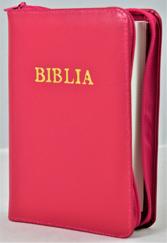 Biblie din piele, mica, roz inchis, fermoar, margini albe, cuv. lui Isus in rosu [043 PF]