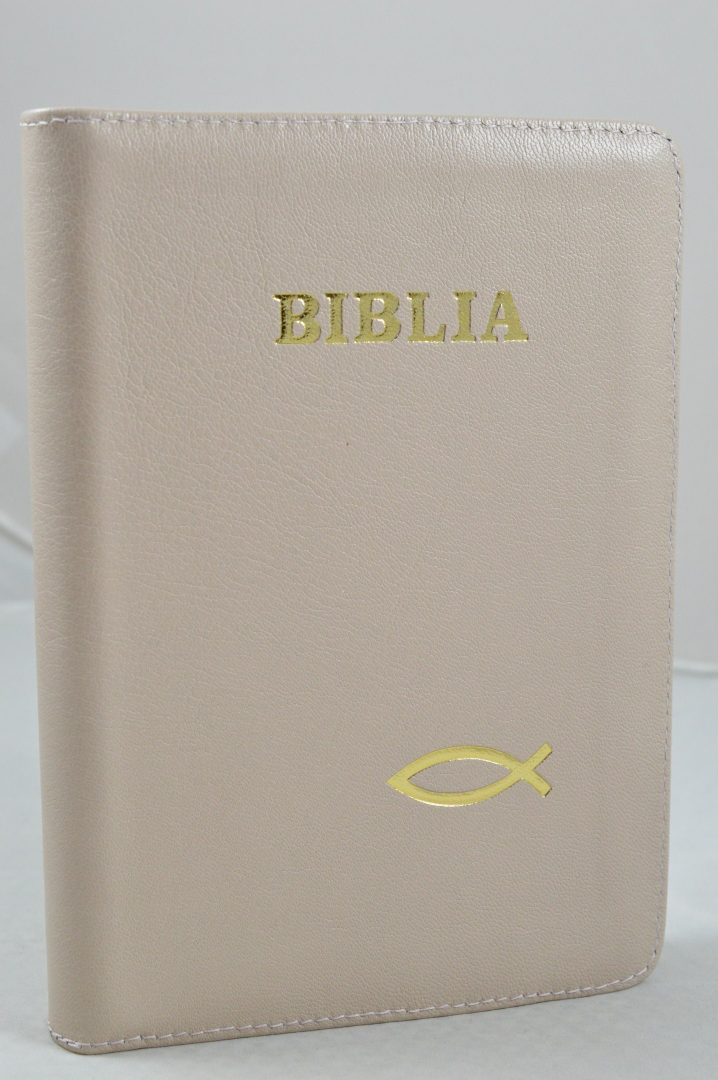 Biblia din piele, marime medie, cappuccino, fermoar, simbol peste, cuv. lui Isus cu rosu [053]