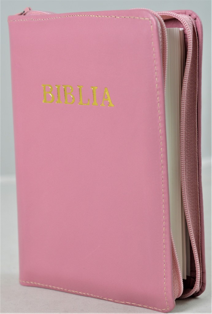 Biblie din piele, mica, roz incarnadin, fermoar, margini albe, cuv. lui Isus in rosu [043 PF]