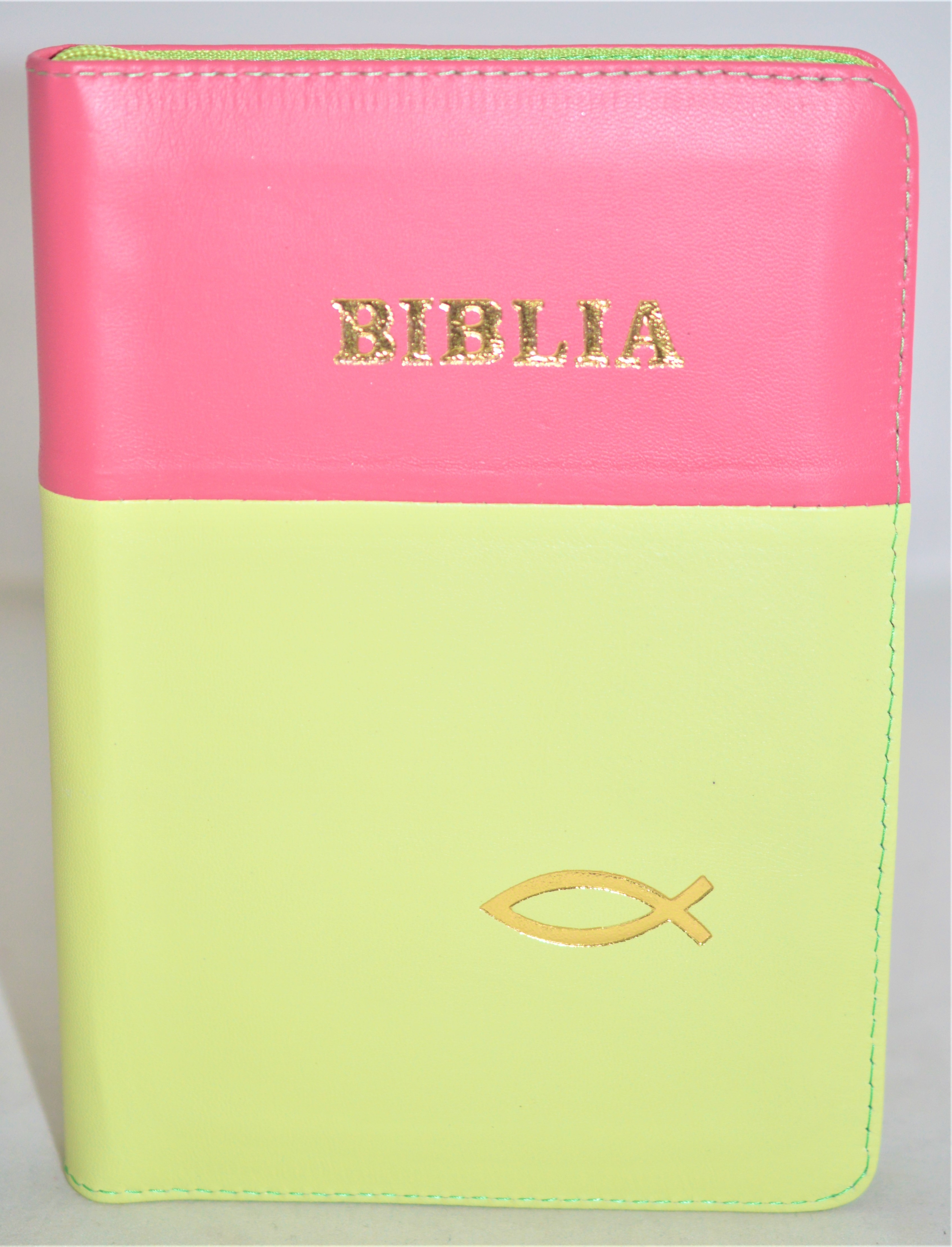 Biblie din piele, marime medie, culoare roz cu verde deschis, simbol peste, fermoar, index, margini aurii, cuv. lui Isus cu rosu [SB 057 PFI]