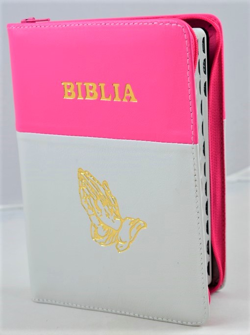 Biblie din piele, marime medie, culoare alb cu roz bombon, simbol maini in rugaciune, fermoar, index, margini argintii, cuv. lui Isus cu rosu [SB 057 PFI]