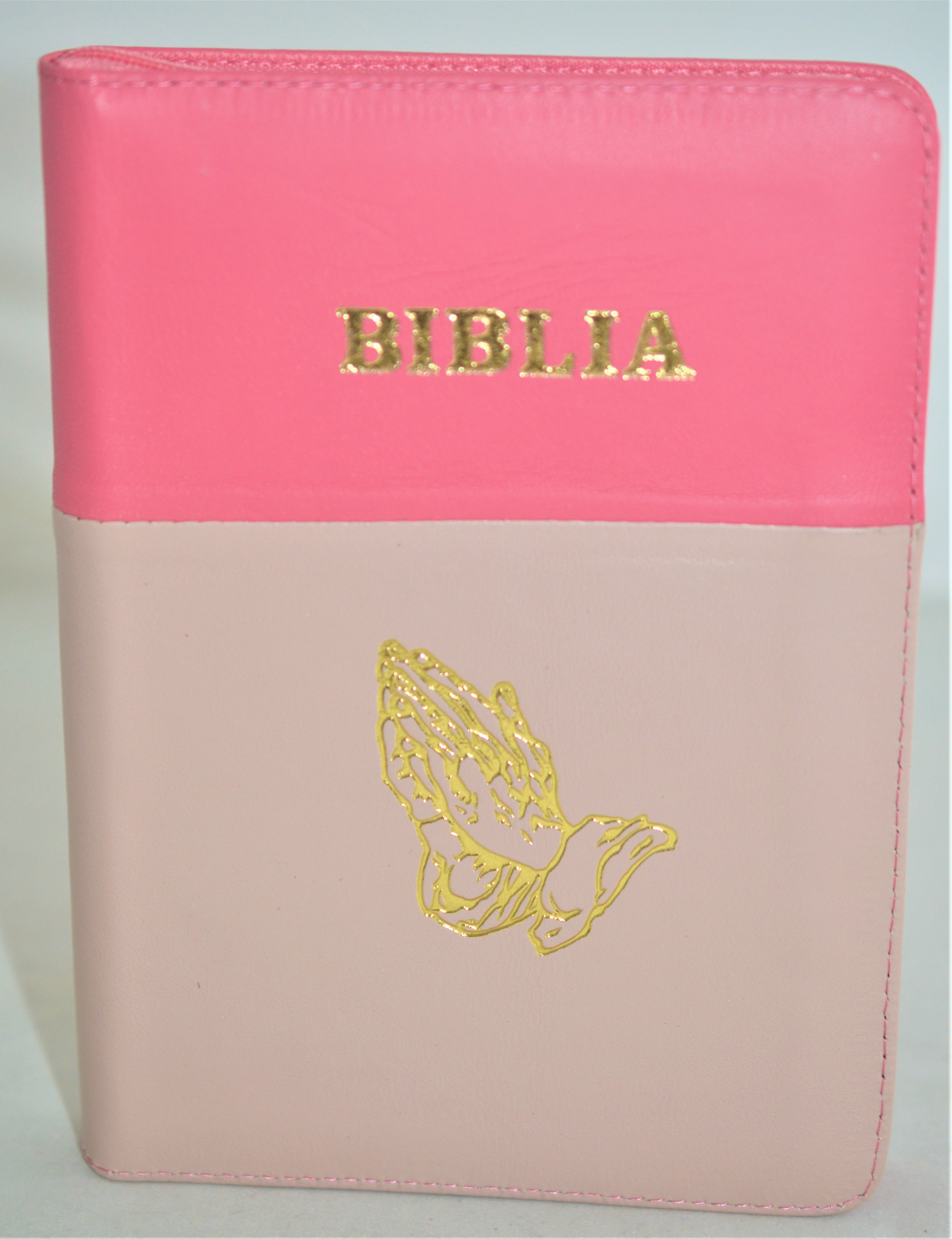 Biblie din piele, marime medie, culoare roz cu nuanta bej-roz, simbol maini in rugaciune, fermoar, index, margini aurii, [SB 057 PFI]