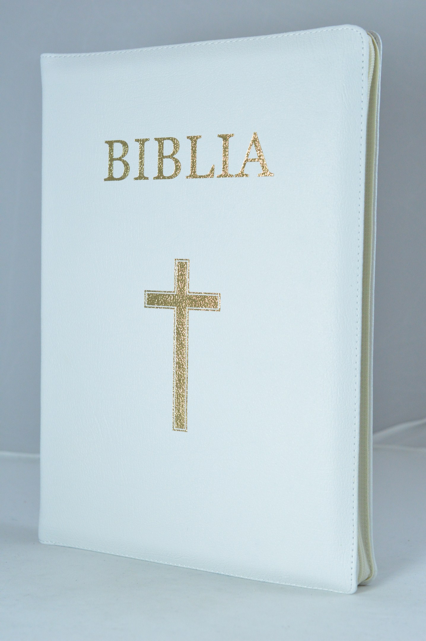 Biblia foarte mare, scris foarte mare, piele, alba, aurita, index, fermoar, cu cruce [093 PFI]