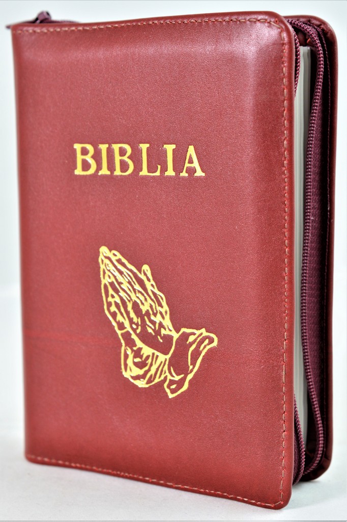 Biblie din piele, mica, nuanta visiniu, fermoar, margini albe, simbolul maini in ruga, cuv. lui Isus in rosu [043 PF]