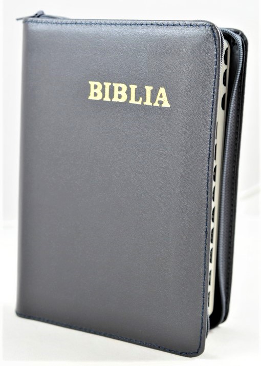 Biblie din piele, marime medie, culoare gri  inchis, simpla, fermoar, index, margini aurii, cuv. lui Isus cu rosu [SB 057 PFI]