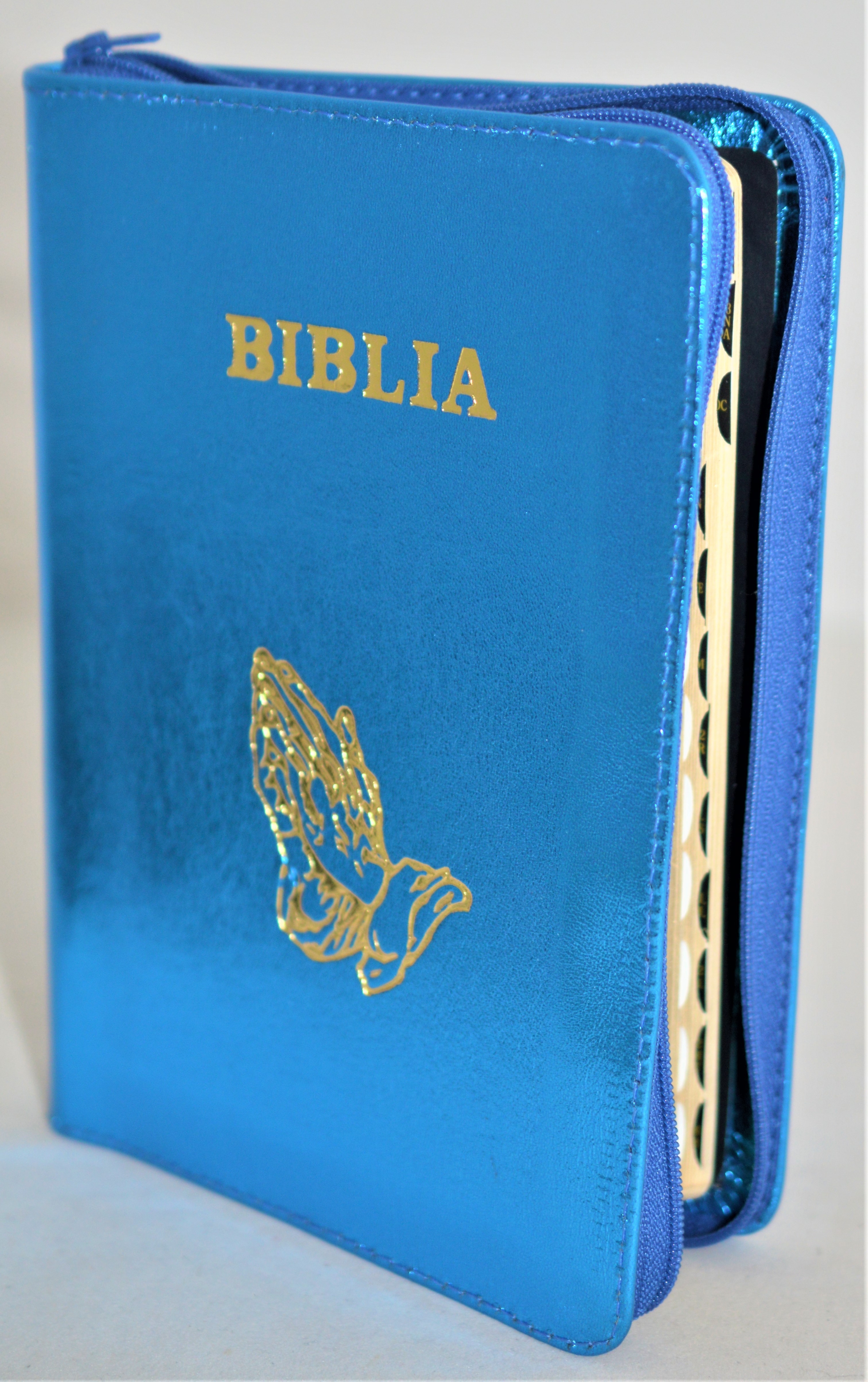 Biblie din piele, marime medie, culoare nuanta albastru sidefat, simbol maini in rugaciune, fermoar, index, margini aurii, [SB 057 PFI]