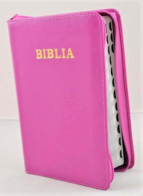 Biblie din piele, marime medie, culoare roz, simpla, fermoar, index, margini argintii, cuv. lui Isus cu rosu [SB 057 PFI]