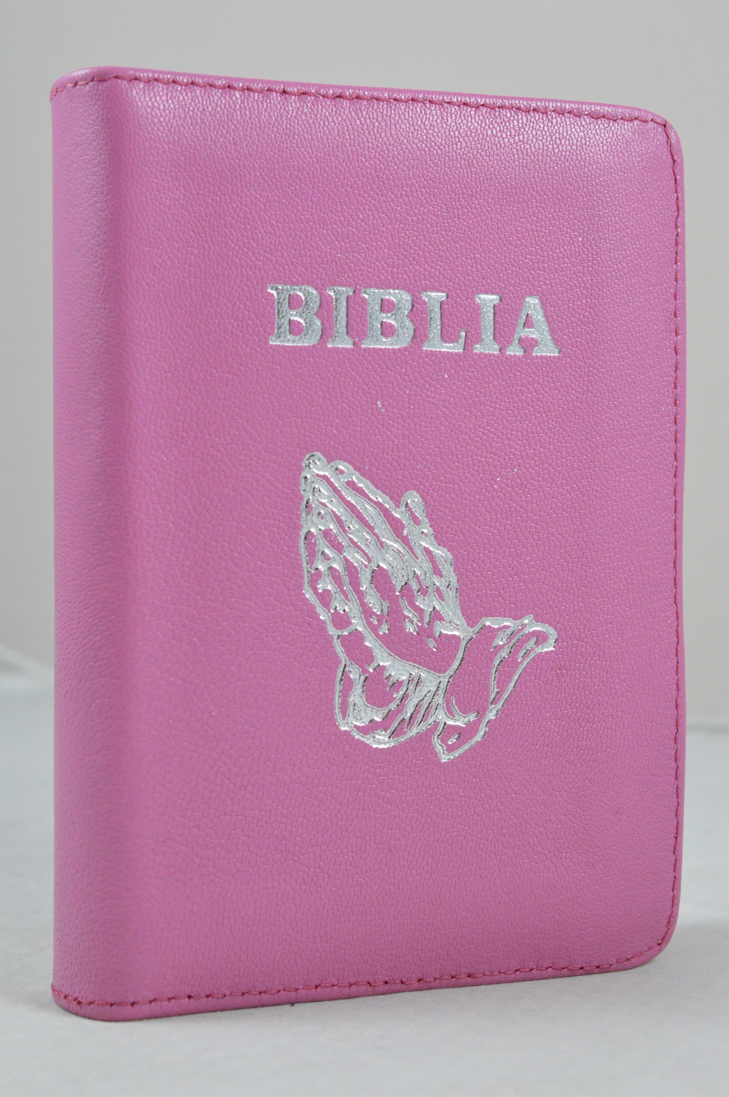Biblie din piele, dimensiune mica, roz, fermoar, simbol maini in ruga, cuv. lui Isus in rosu [043 A]
