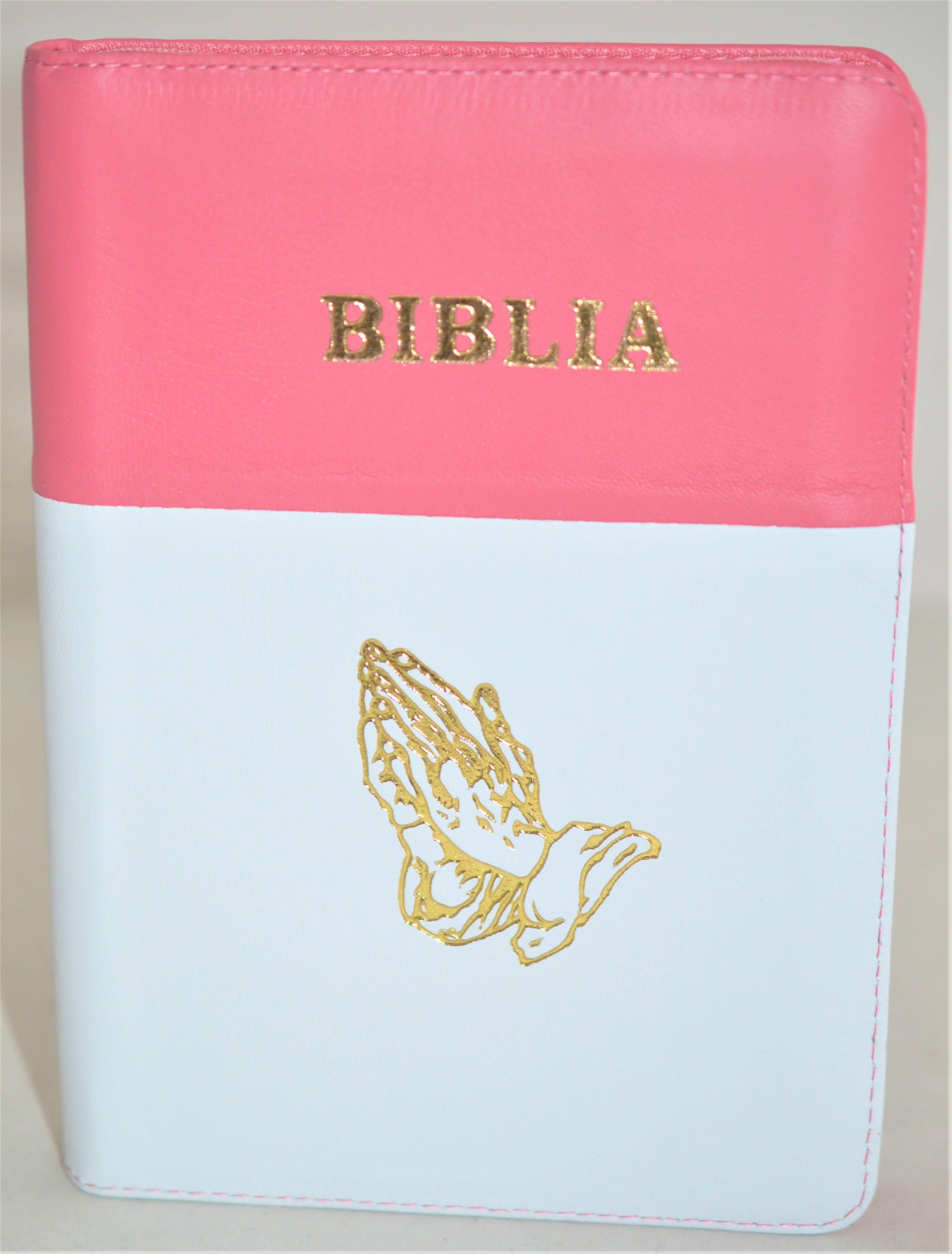 Biblie din piele, marime medie, culoare roz cu alb , simbol maini in rugaciune, fermoar, index, margini aurii, [SB 057 PFI]