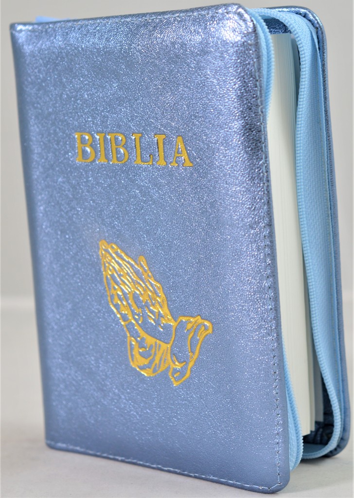 Biblie din piele, mica, albastru metalic sidefat, fermoar, margini albe, simbolul maini in ruga, cuv. lui Isus in rosu [043 PF]