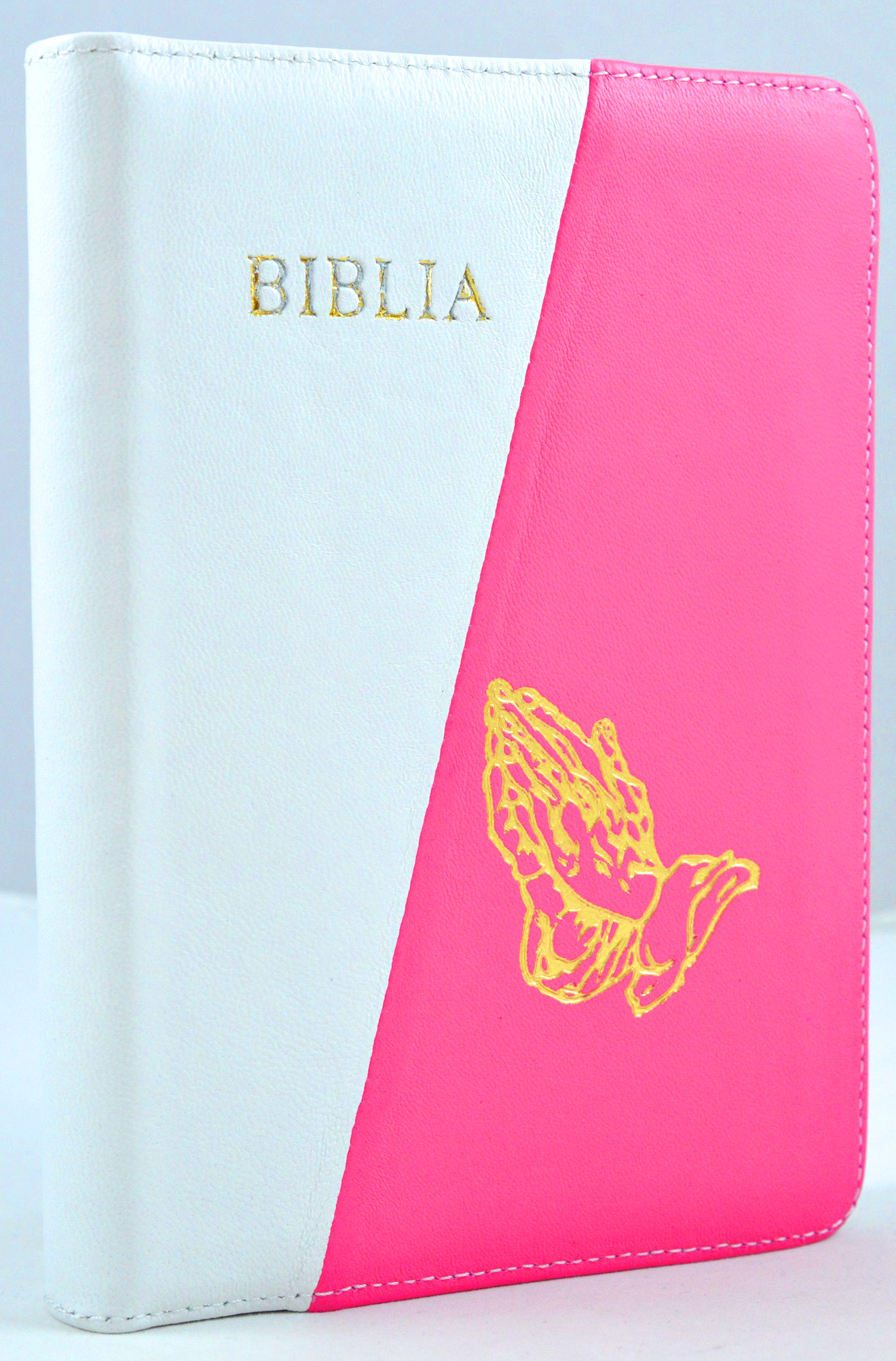 Biblia din piele, marime medie, alb / roz bombon, fermoar, simbol maini, cuv. lui Isus cu rosu [053]