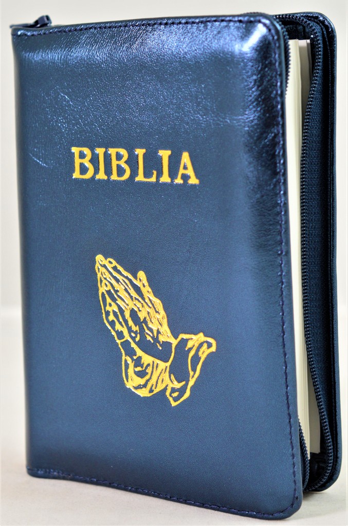 Biblie din piele, mica, bleumarin inchis, fermoar, margini albe, simbolul maini in ruga, cuv. lui Isus in rosu [043 PF]
