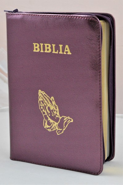 Biblia din piele, medie, mov sidefat, fermoar, aurita, simbolul maini in ruga, cuv. lui Isus cu rosu [052]