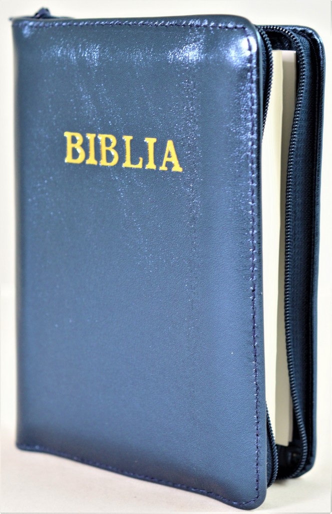 Biblie din piele, mica, bleumarin inchis, fermoar, margini albe, cuv. lui Isus in rosu [043 PF]