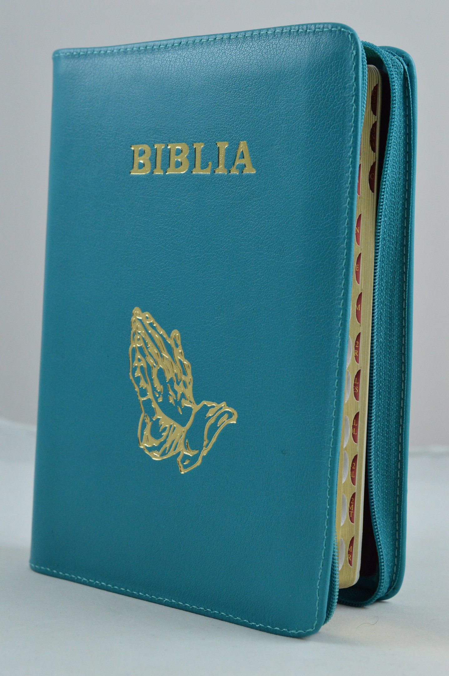Biblie din piele, marime medie,nuanta de turcoaz cu maini, fermoar, index, margini aurii, cuv. lui Isus cu rosu [SB 057 PFI]
