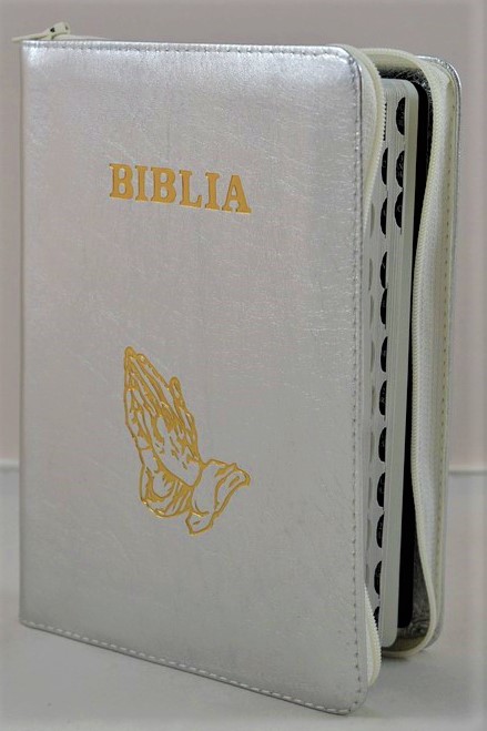 Biblie din piele, marime medie,culoare argintie, fermoar, index,simbol maini in ruga margini argintii, cuv. lui Isus cu rosu [SB 057 PFI]