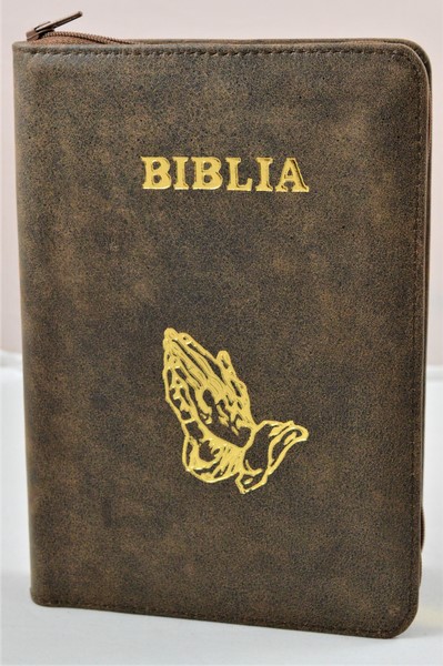 Biblia din piele, medie, nuante de maro, fermoar, aurita, simbolul maini in ruga, cuv. lui Isus cu rosu [052]