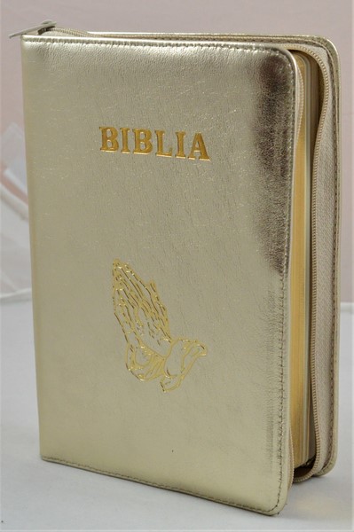 Biblia din piele, medie, auriu sidefat, fermoar, aurita, simbolul maini in ruga, cuv. lui Isus cu rosu [052]