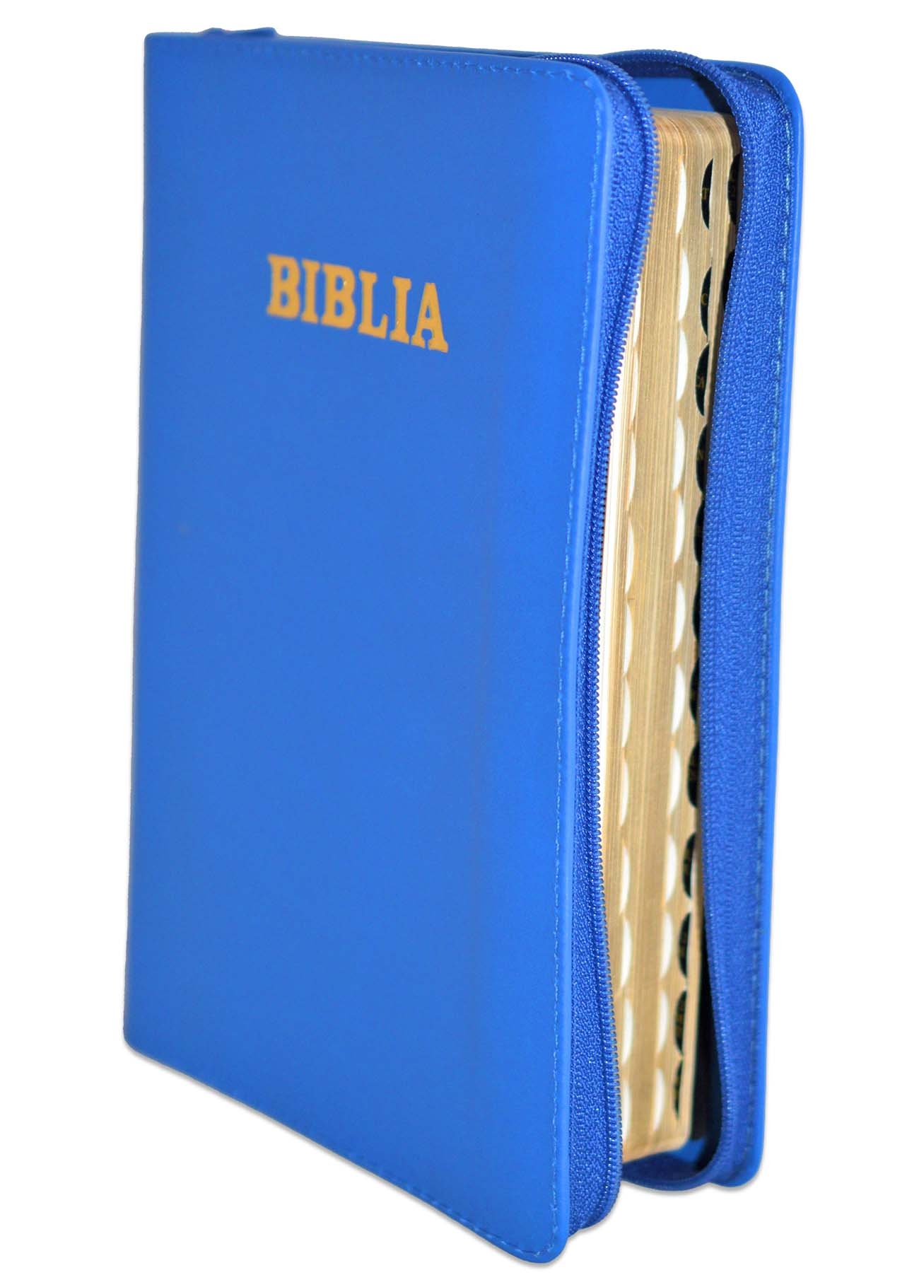 Biblie din piele, marime medie, nuanta albastru, fermoar, index, margini aurii, cuv. lui Isus cu rosu [SB 057 PFI]
