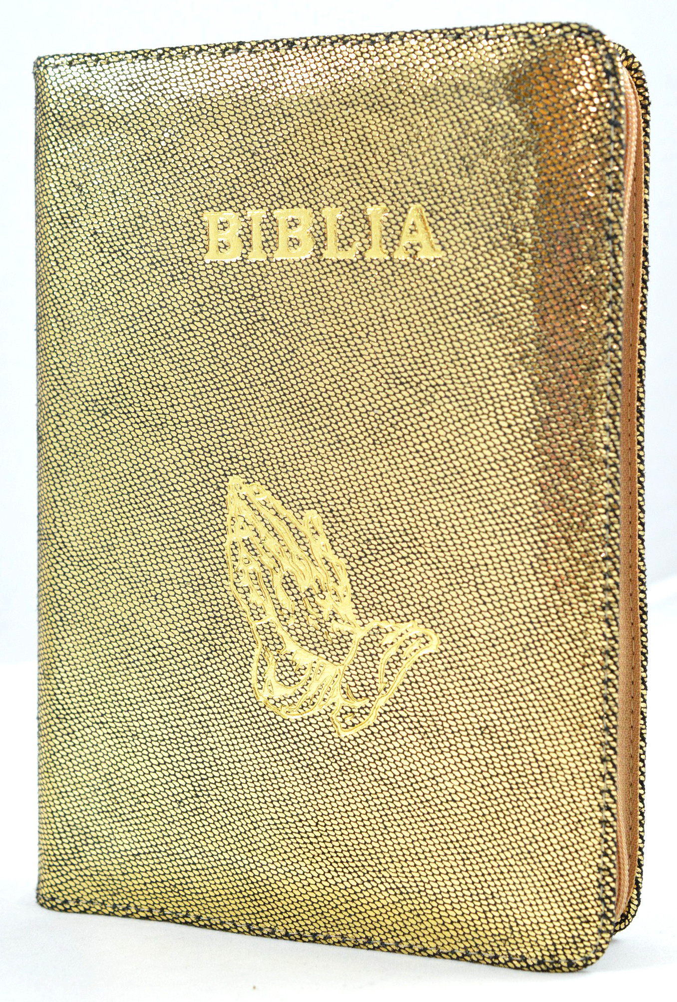 Biblia din piele, marime medie, imprimeu auriu, fermoar, simbol maini, cuv. lui Isus cu rosu [053]