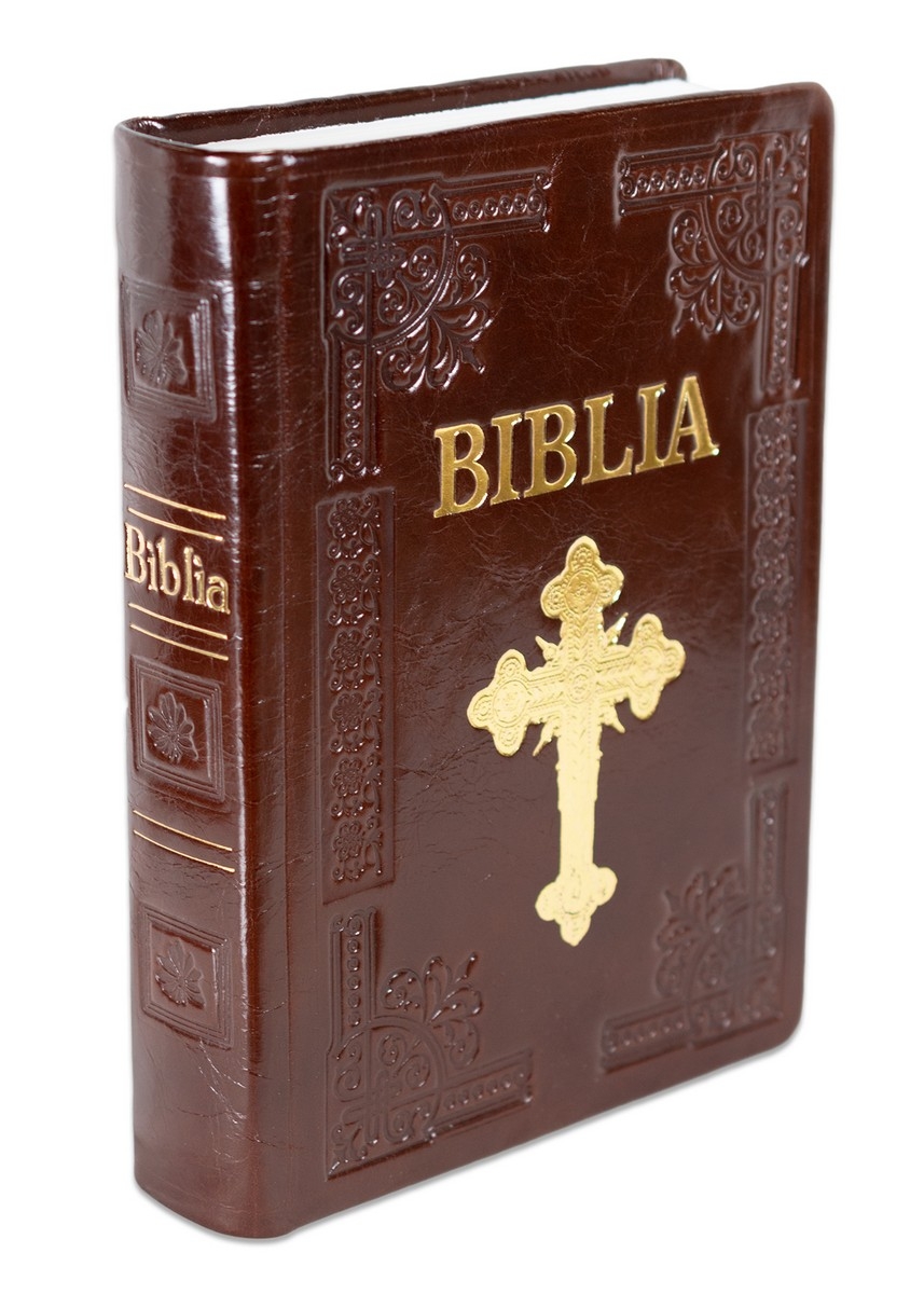 Biblia Ortodoxa, marime medie, hand made, imbracata in piele, margini albe, culoare visinie, cu cruce (cu aprobarea Sf. Sinod) Biblia Ortodoxa, marime medie, hand made, imbracata in piele, margini albe, culoare visinie, cu cruce (cu aprobarea Sf. Sinod)