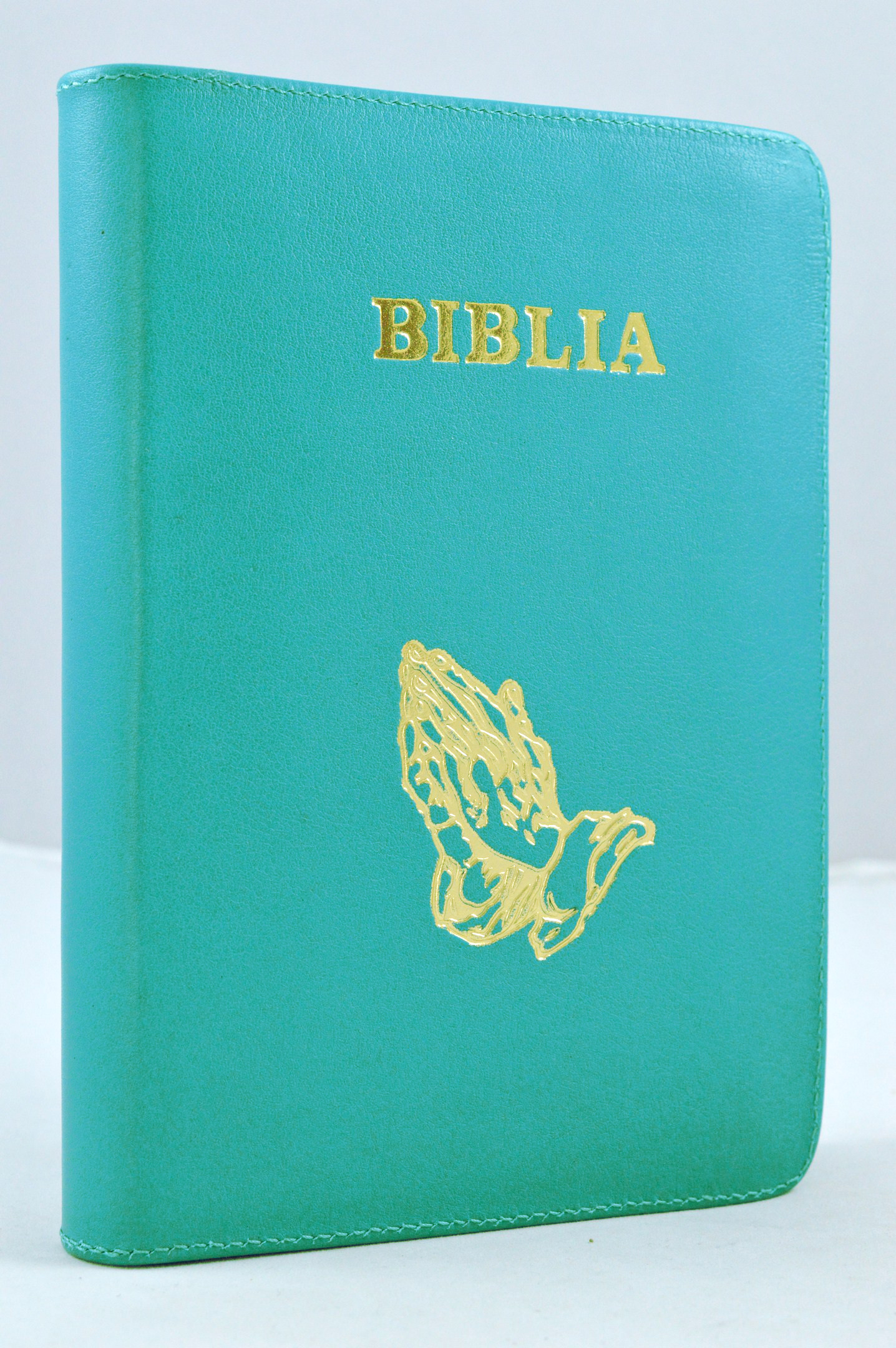 Biblia din piele, marime medie, turcoaz, fermoar, simbol maini, cuv. lui Isus cu rosu [053]