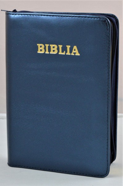 Biblia din piele, medie, albastru metalizat, fermoar, aurita, cuv. lui Isus cu rosu [052]