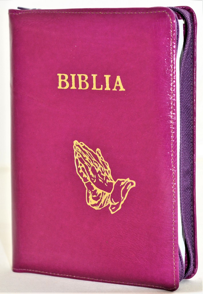 Biblia din piele, marime medie, purpuriu lucios, fermoar, simbol maini in ruga, cuv. lui Isus cu rosu [053]