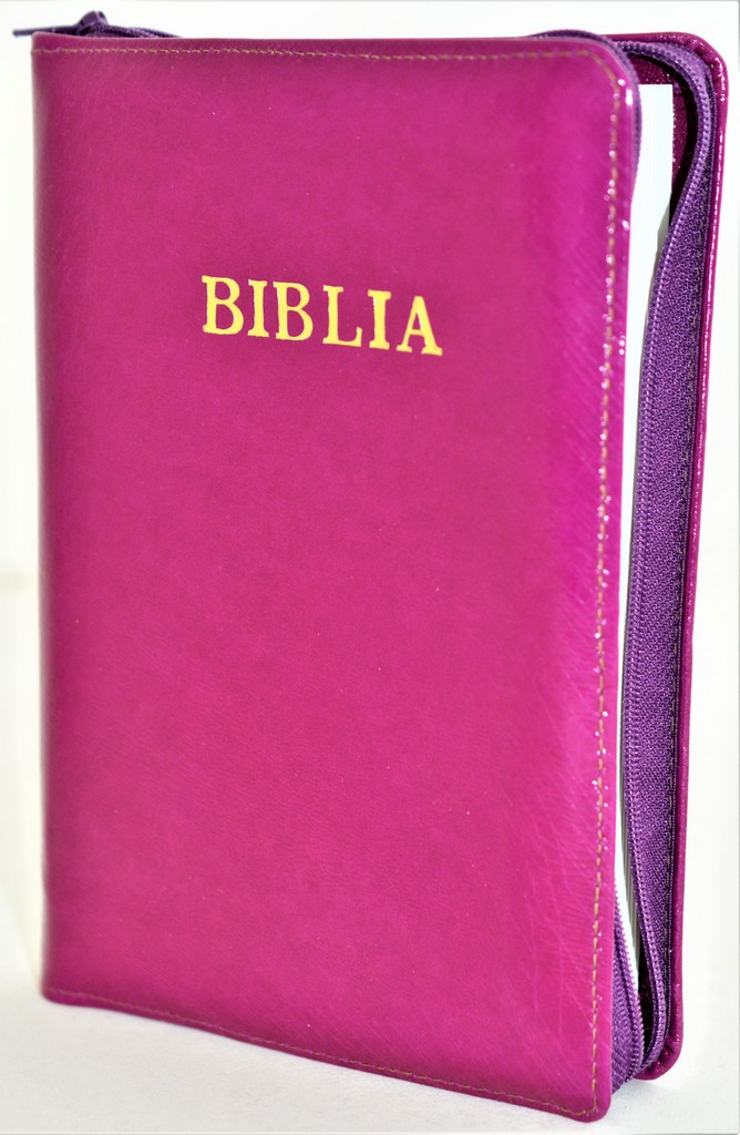 Biblia din piele, marime medie, culoare magenta, fermoar, cuv. lui Isus cu rosu [053]