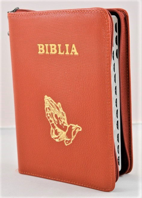 Biblie din piele, marime medie,culoare caramizie, fermoar, index,simbol maini in ruga margini argintii, cuv. lui Isus cu rosu [SB 057 PFI]