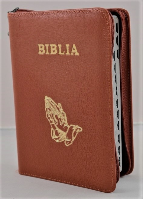 Biblie din piele, marime medie, culoare, caramiziu închis, simbol maini in rugaciune, fermoar, index, margini aurii, cuv. lui Isus cu rosu [SB 057 PFI]