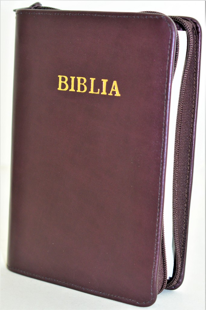 Biblia din piele, marime medie, bordo inchis, fermoar, cuv. lui Isus cu rosu [053]
