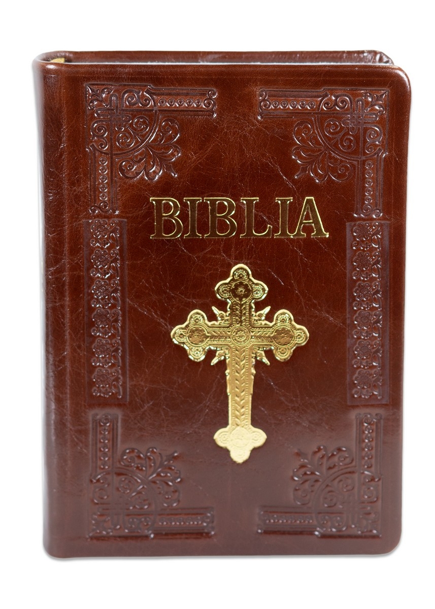 Biblia Ortodoxa, marime medie, hand made, imbracata in piele, margini albe, culoare maro, cu cruce (cu aprobarea Sf. Sinod)