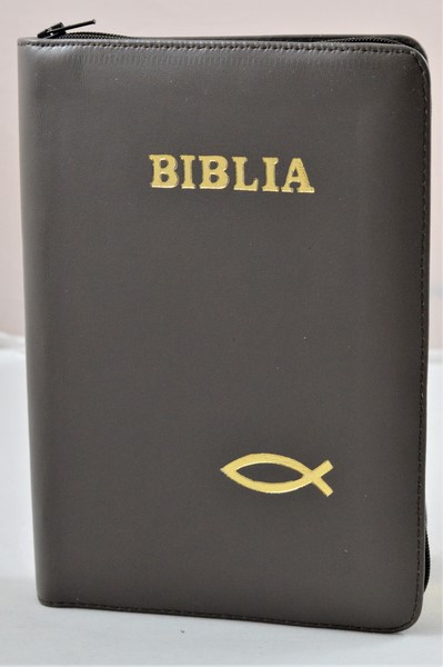 Biblia din piele, medie, maro, fermoar, aurita, simbolul peste, cuv. lui Isus cu rosu [052]